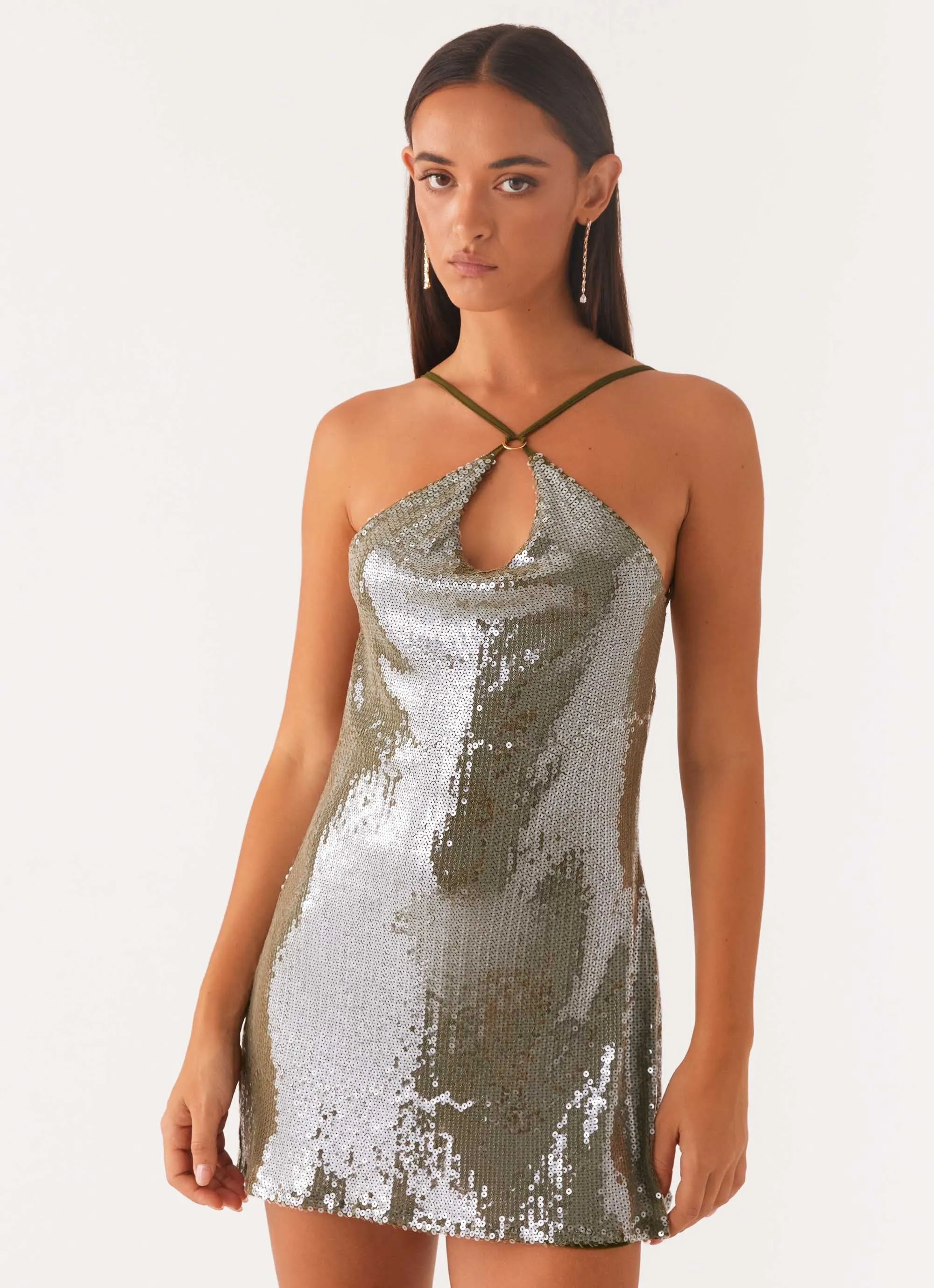 Radiant Energy Cowl Back Mini Dress - Olive sold by Peppermayo