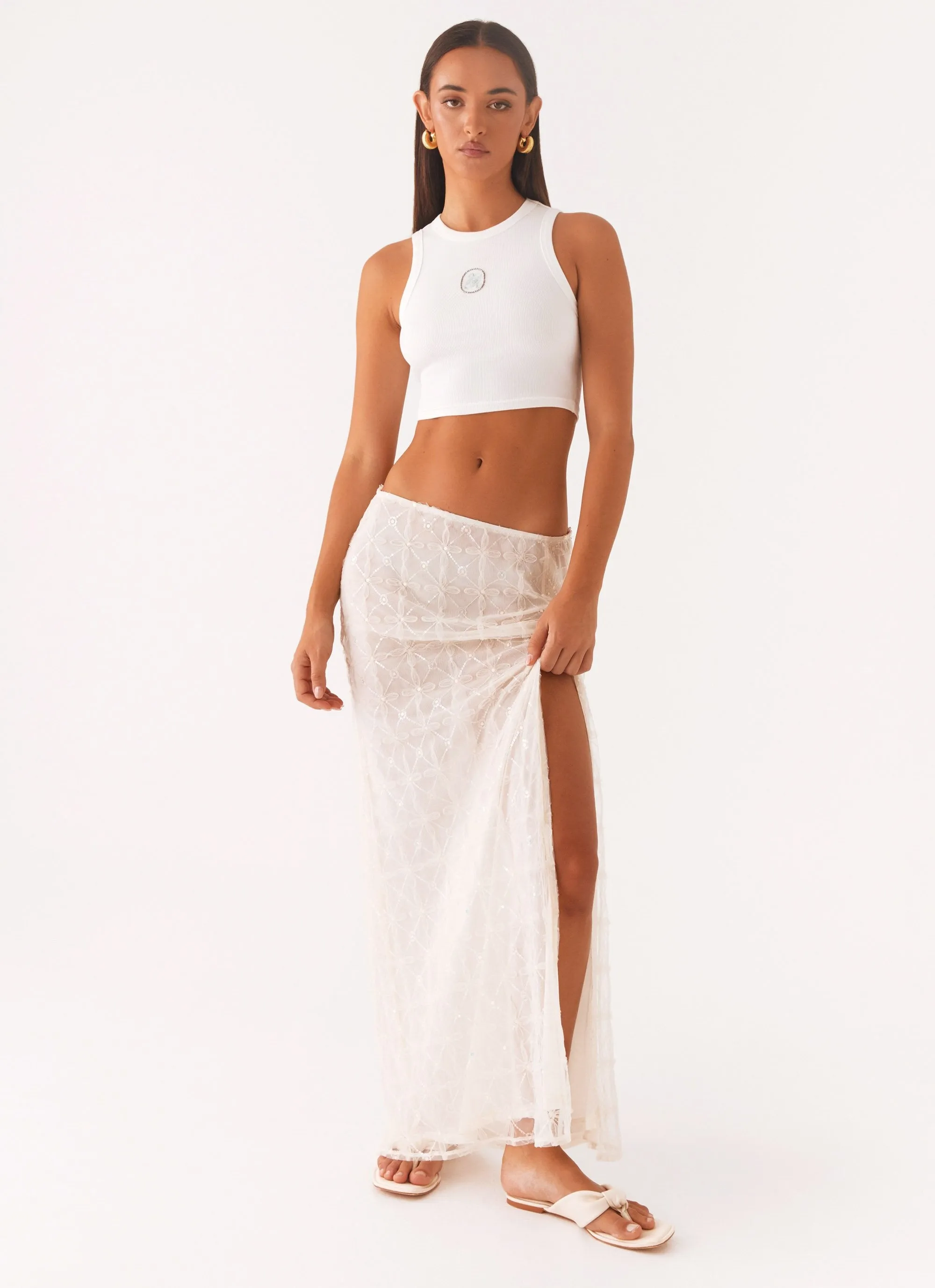 Opal Sequin Maxi Skirt - White sold by Peppermayo