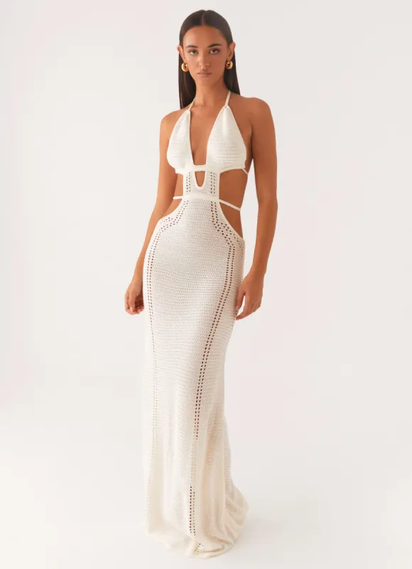 In Motion Cut Out Crochet Maxi Dress - White sold by Peppermayo