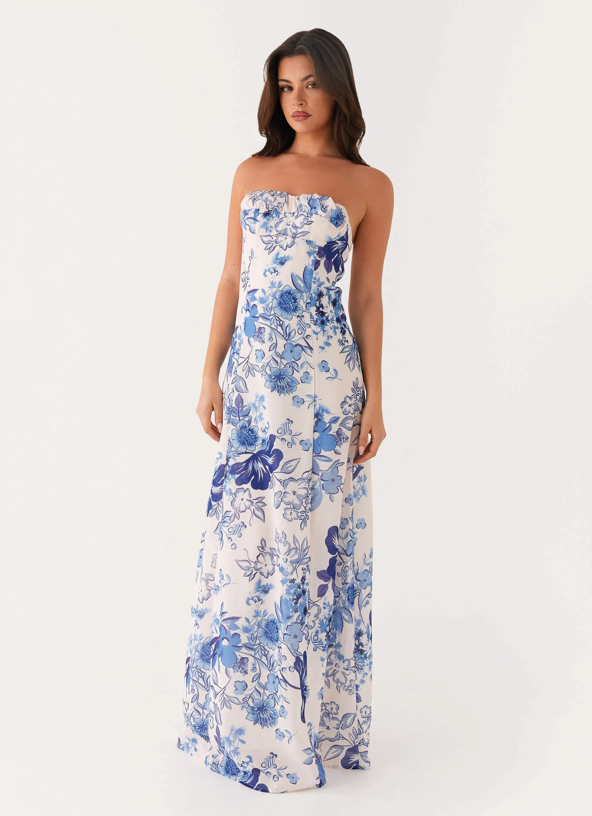 Tayla Linen Maxi Dress - Serene Sky Floral sold by Peppermayo