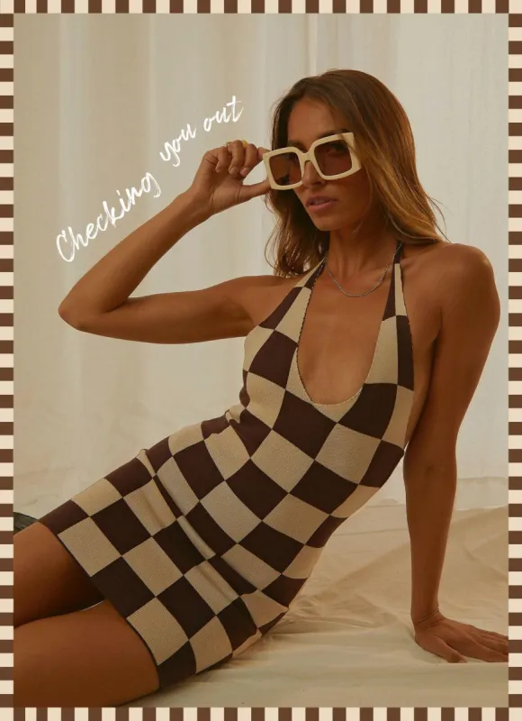 The Groove Knit Halter Dress - Choc Check made by Peppermayo