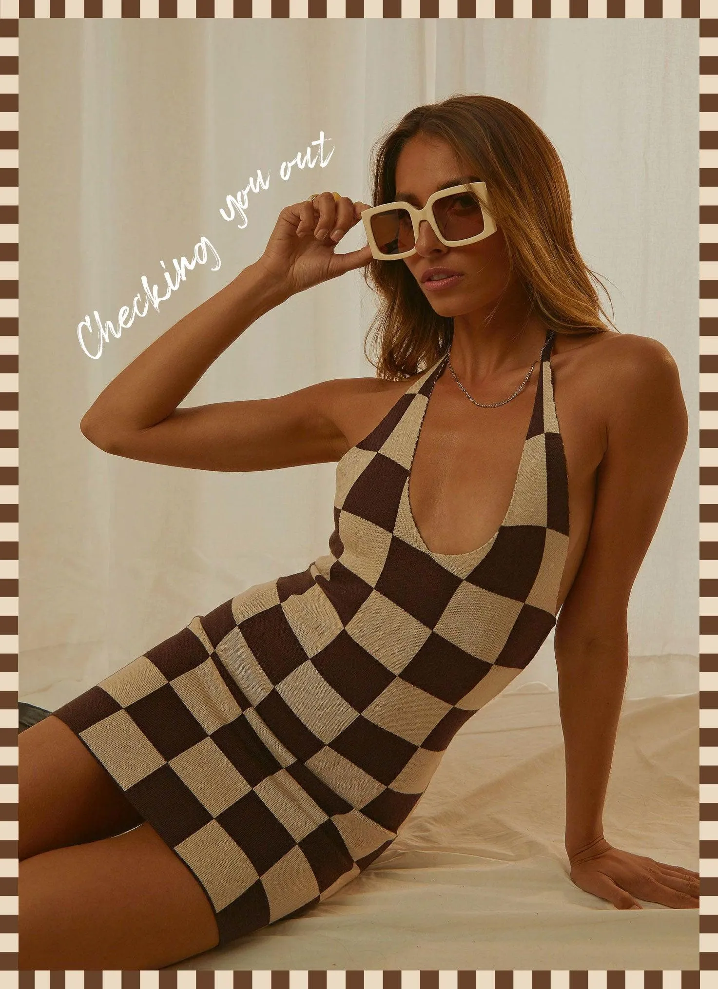The Groove Knit Halter Dress - Choc Check sold by Peppermayo