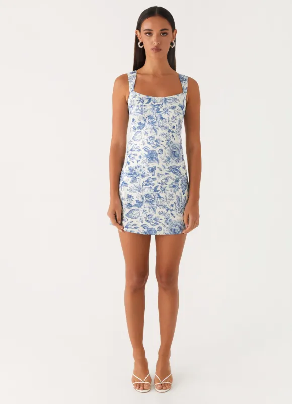 Odette Satin Mini Dress - Blue Paisley sold by Peppermayo