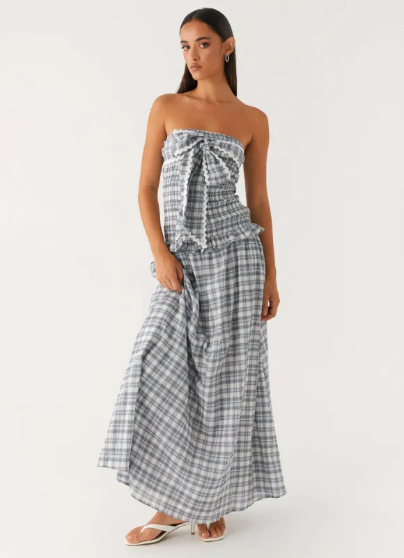Malia Shirred Maxi Dress - Blue Grey Check sold by Peppermayo