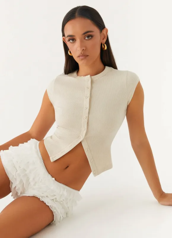 Blair Cap Sleeve Buttoned Top - Oatmeal sold by Peppermayo