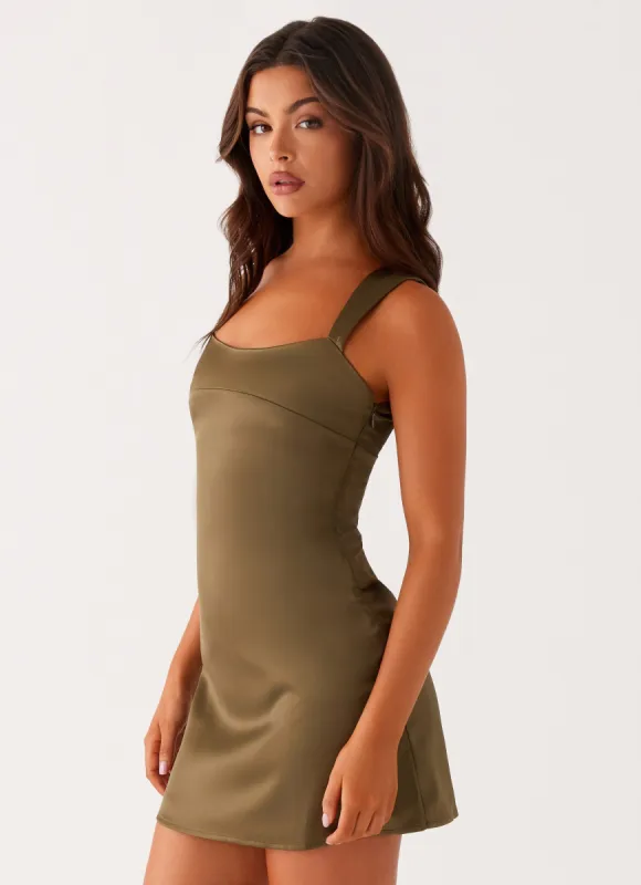 Odette Satin Mini Dress - Khaki sold by Peppermayo