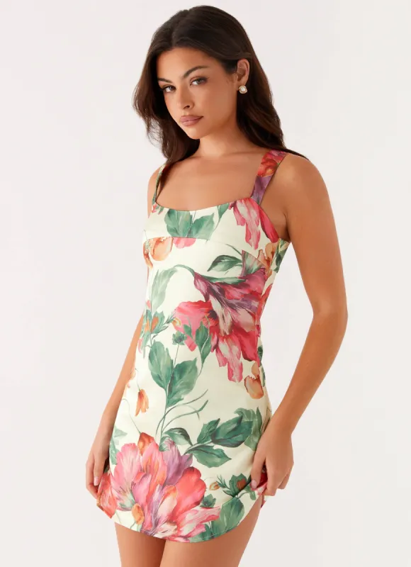 Odette Satin Mini Dress - Yellow Floral sold by Peppermayo