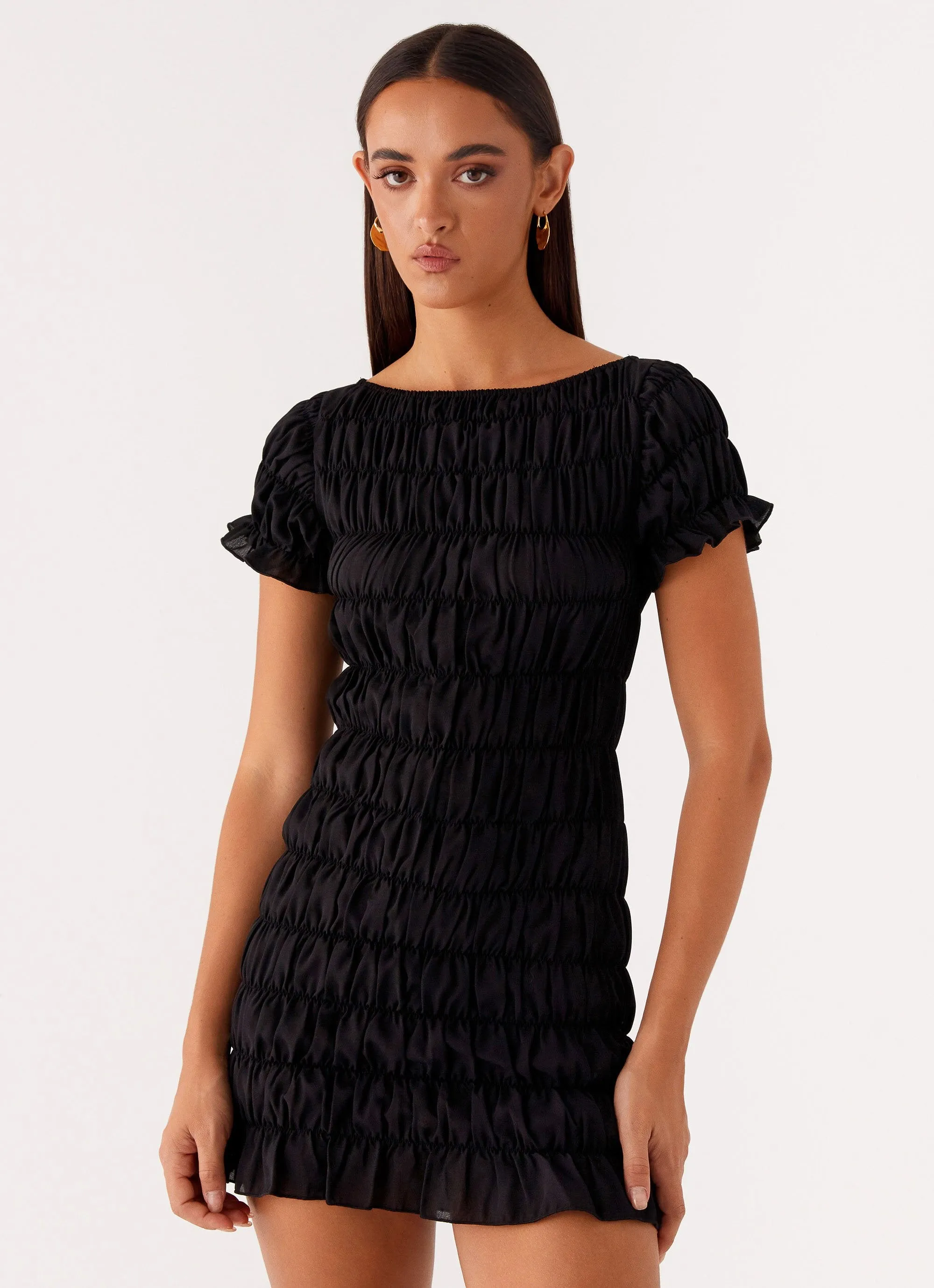 Rita Ruched Mini Dress - Black sold by Peppermayo