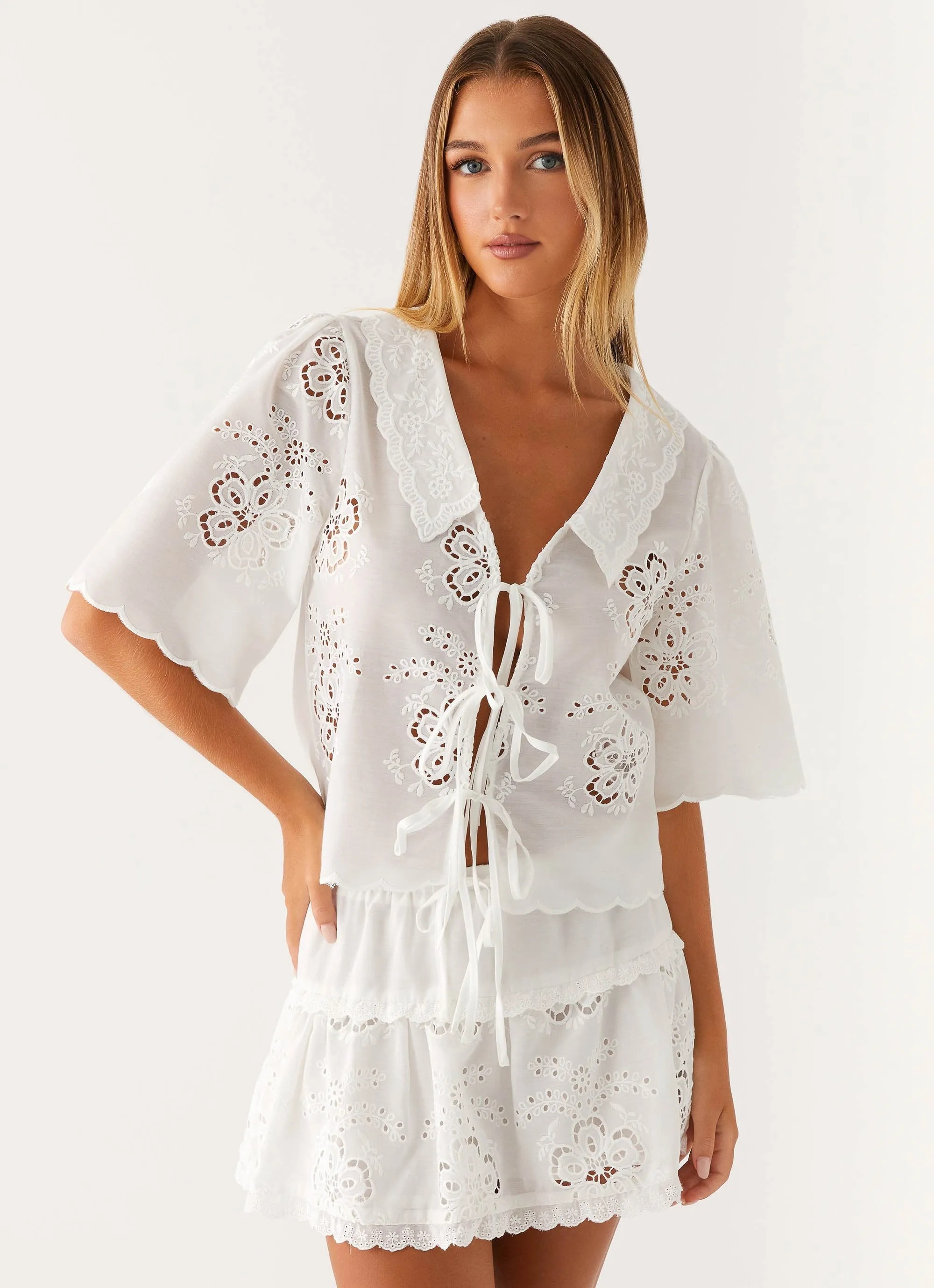Summer Escape Embroidered Top - White sold by Peppermayo