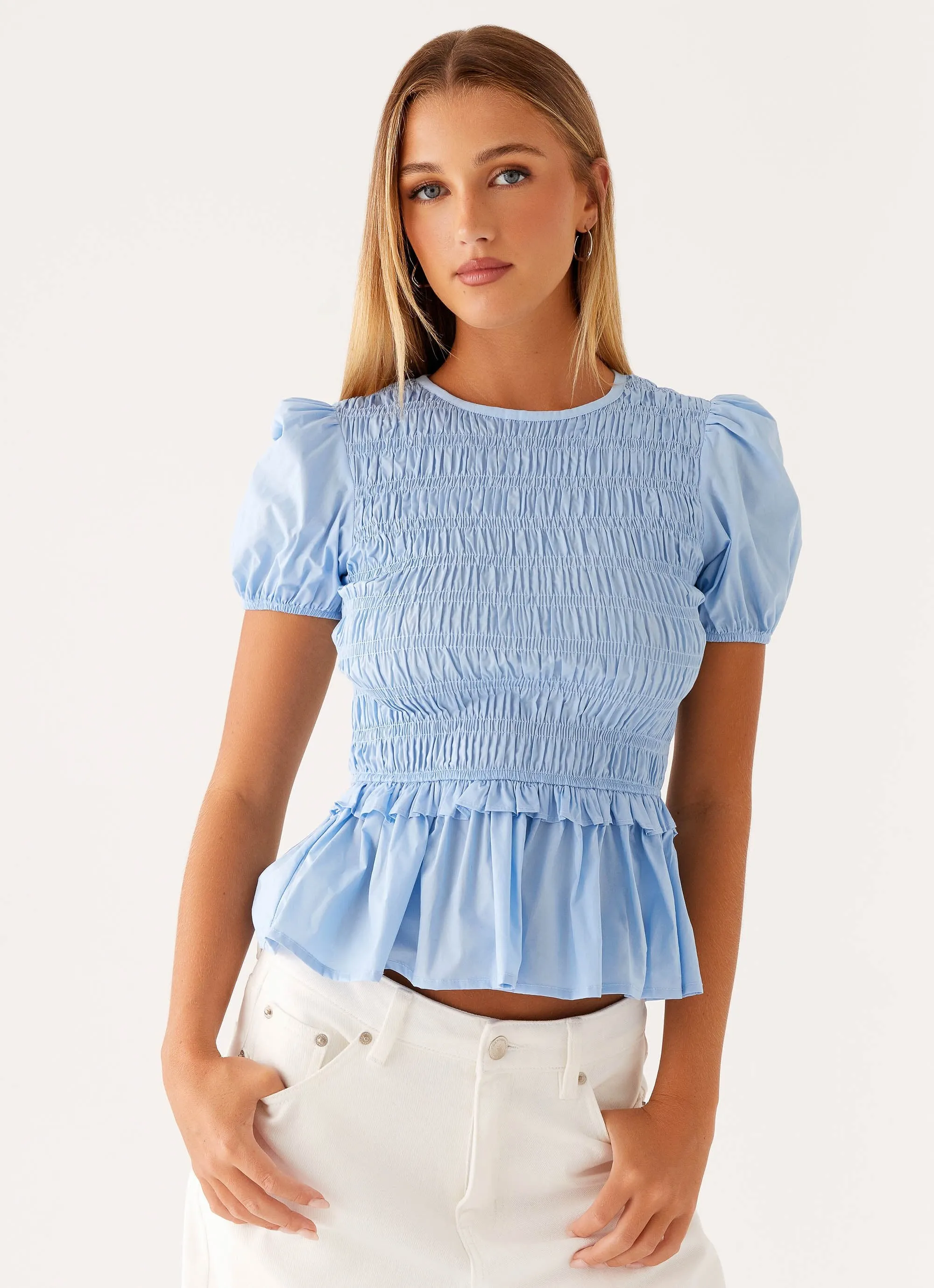 Izzy Shirred Top - Blue sold by Peppermayo