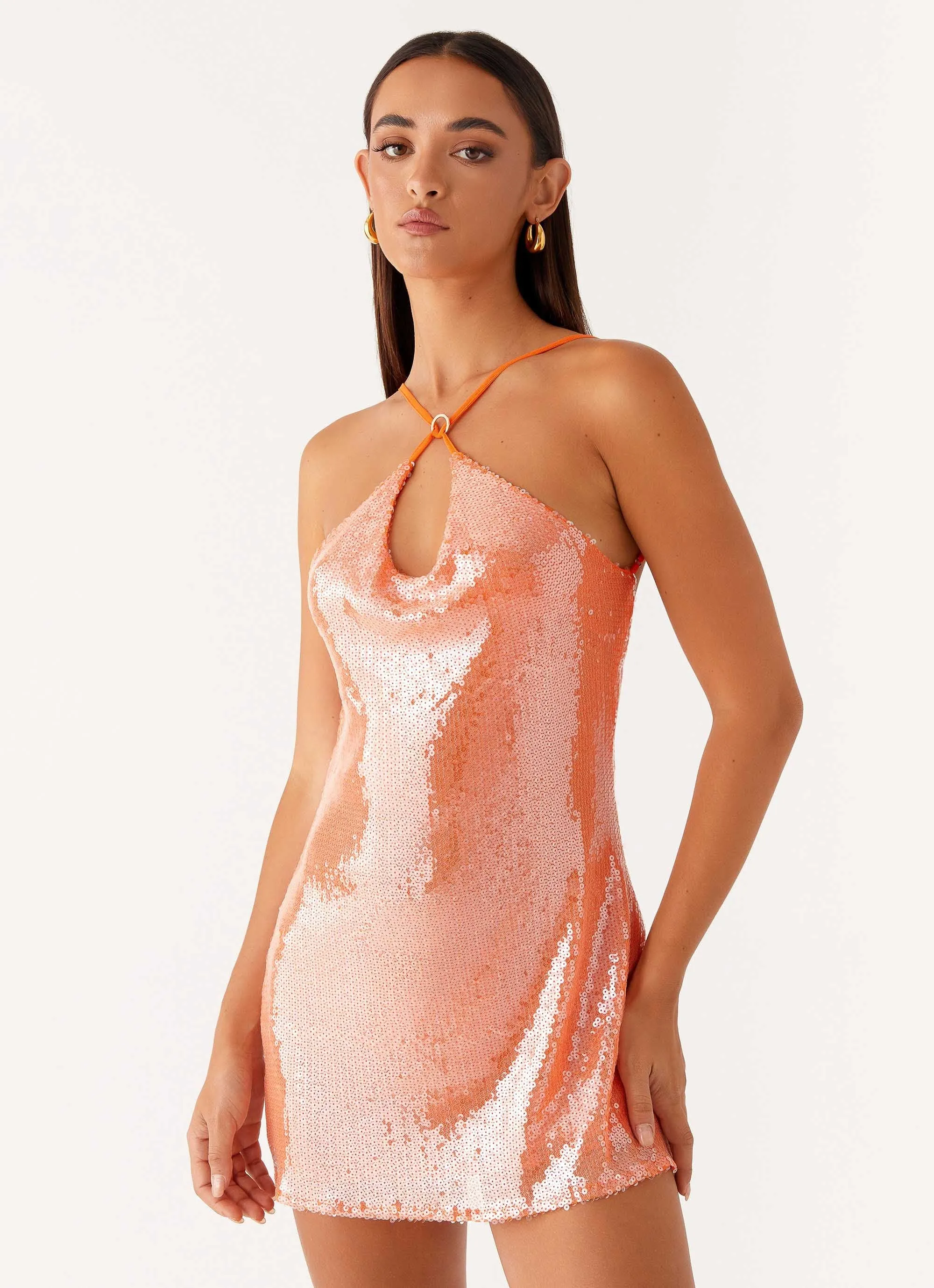 Radiant Energy Cowl Back Mini Dress - Orange sold by Peppermayo