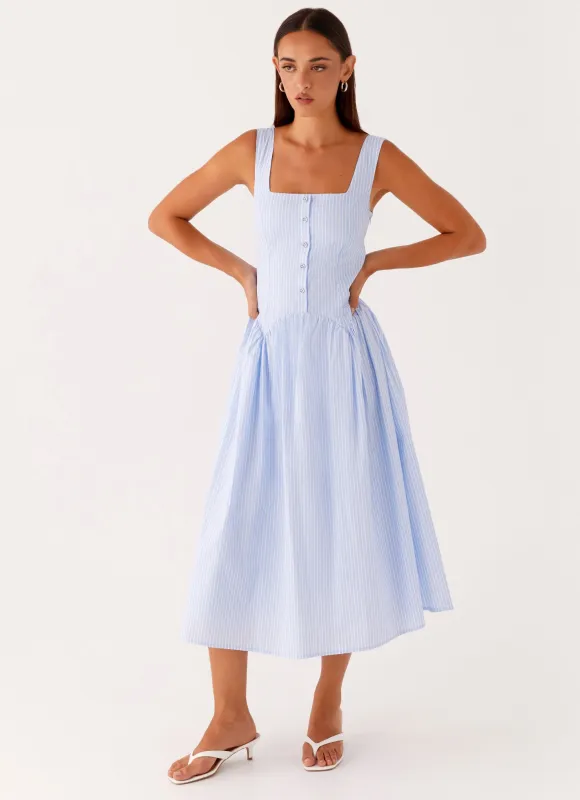 Kalina Midi Dress - Blue White Stripe sold by Peppermayo