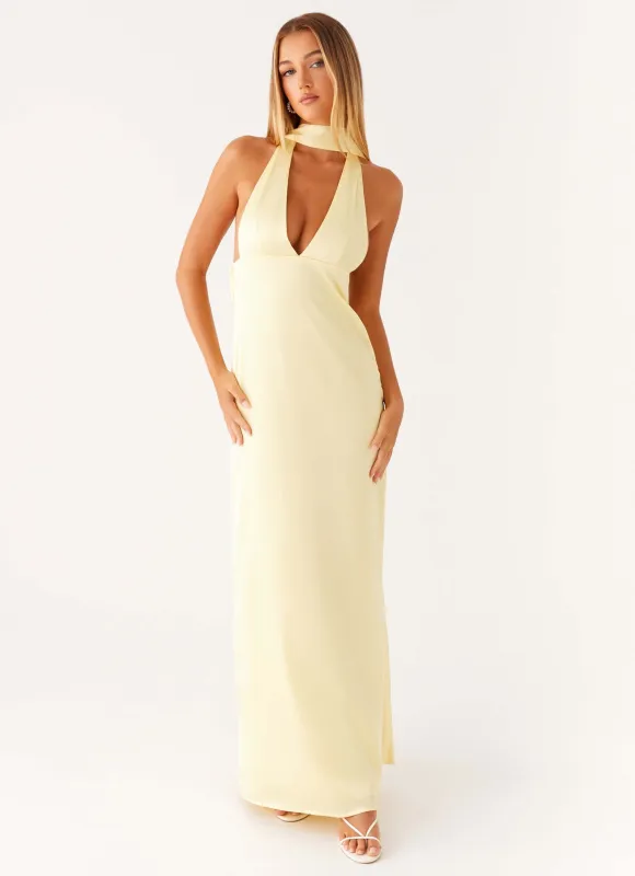 Alicia Satin Halter Maxi Dress - Yellow sold by Peppermayo