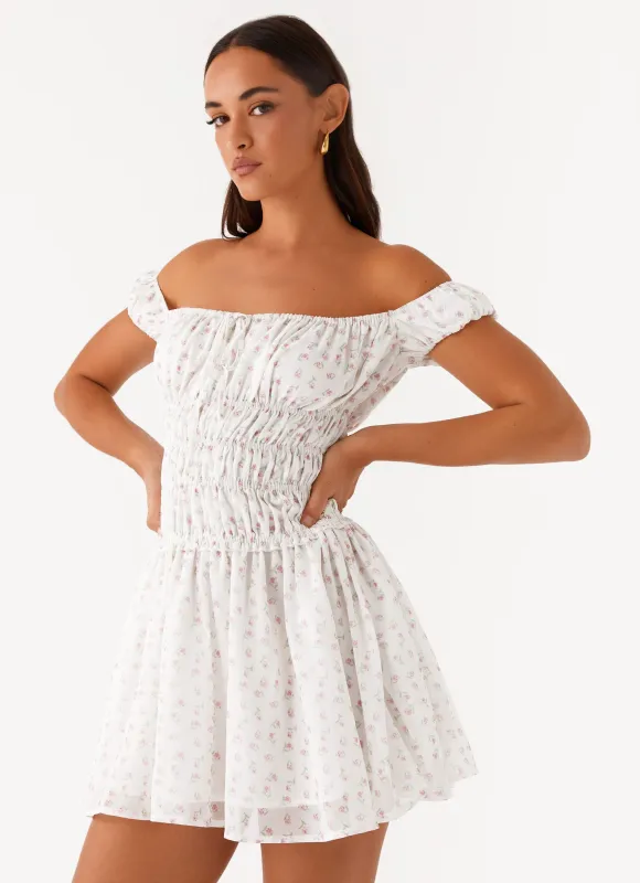 Total Bliss Shirred Mini Dress - White Floral sold by Peppermayo