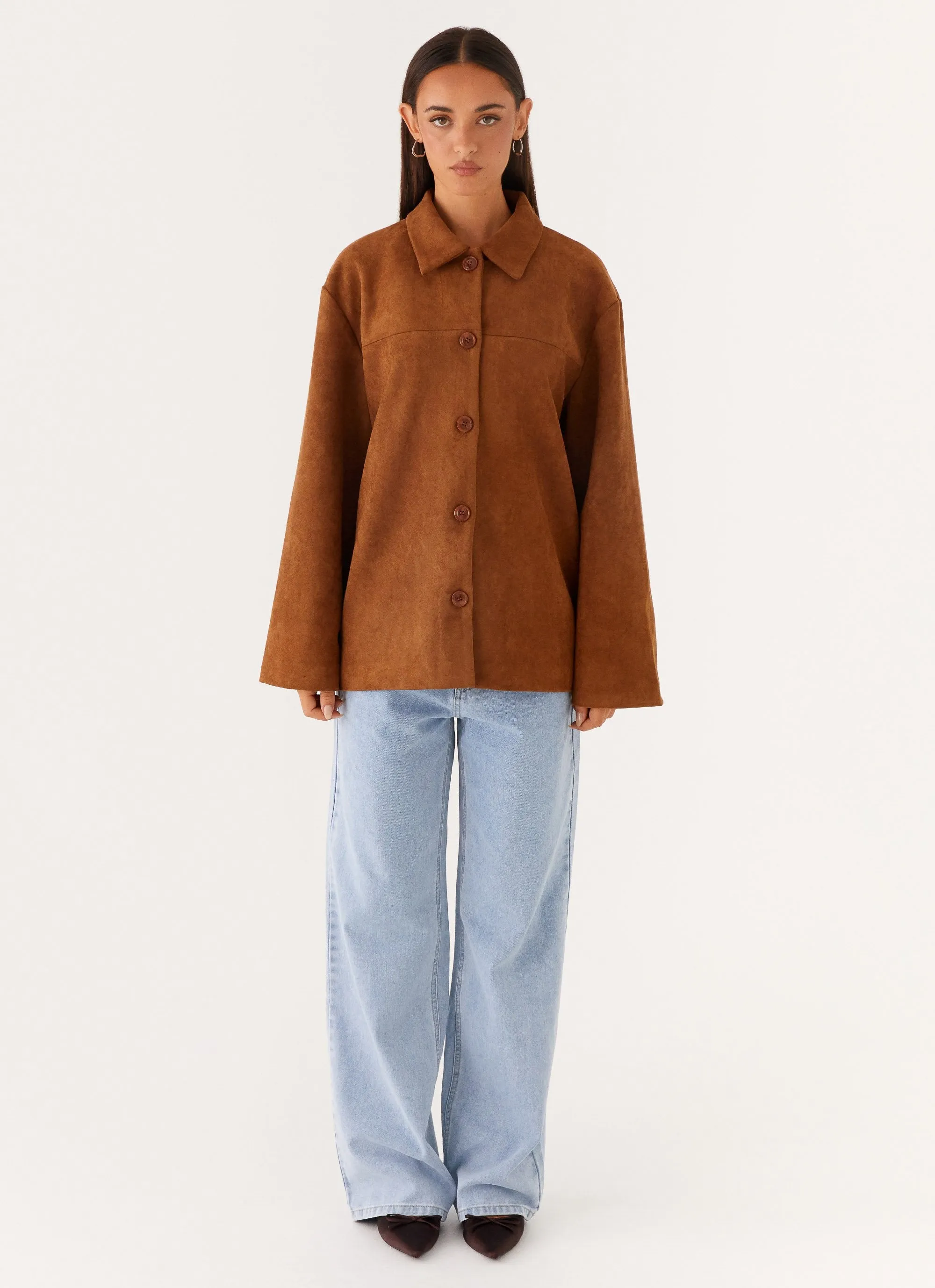 Devika Faux Suede Boxy Jacket - Brown sold by Peppermayo product image thumbnail 3