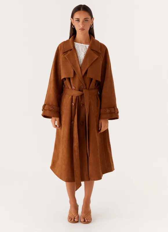 Bridie Faux Suede Trench Coat - Brown sold by Peppermayo