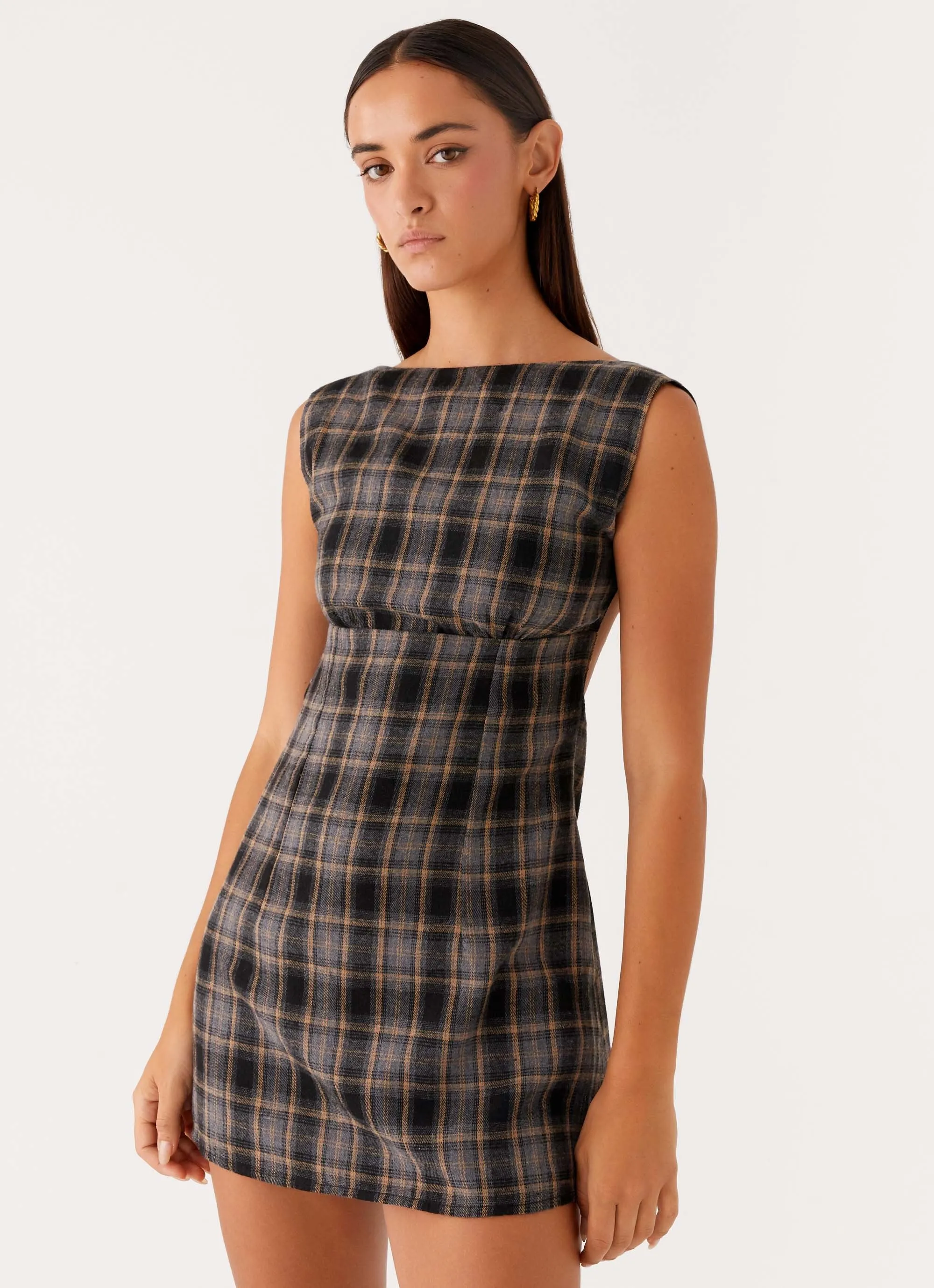 Vella Mini Dress - Brown Check sold by Peppermayo