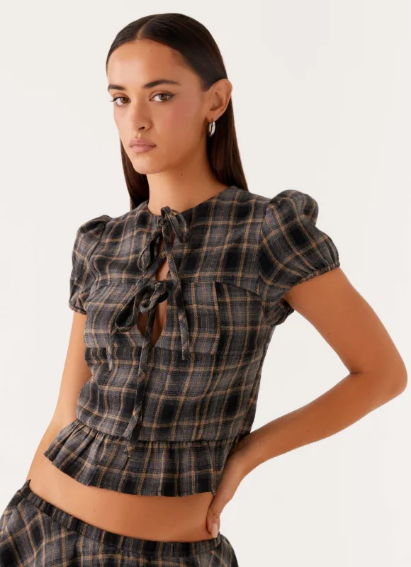Lucia Puff Sleeve Top - Brown Check sold by Peppermayo