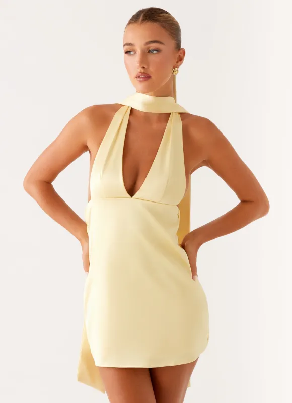 Alicia Satin Halter Mini Dress - Pastel Yellow sold by Peppermayo
