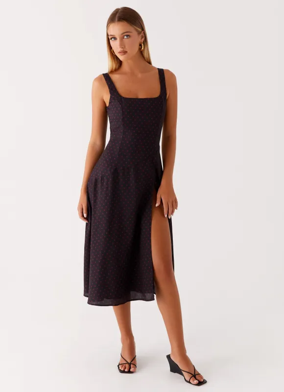 Rowyn Midi Dress - Black Polka Dot sold by Peppermayo