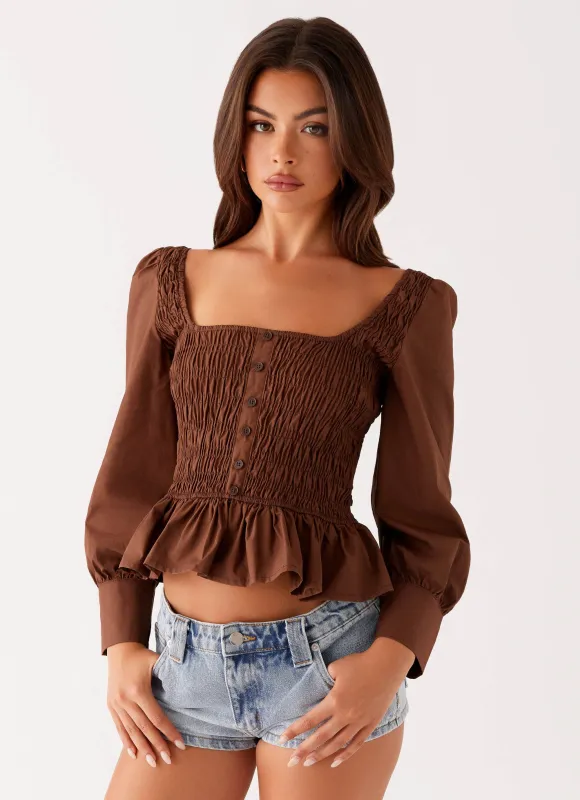 Joyce Long Sleeve Shirred Top - Chocolate made by Peppermayo