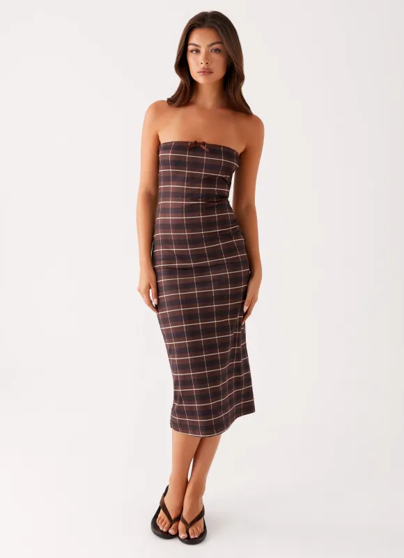 Niko Strapless Midi Dress - Brown Black Check sold by Peppermayo