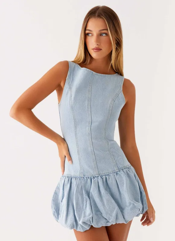 Meg Bubble Denim Mini Dress - Blue sold by Peppermayo