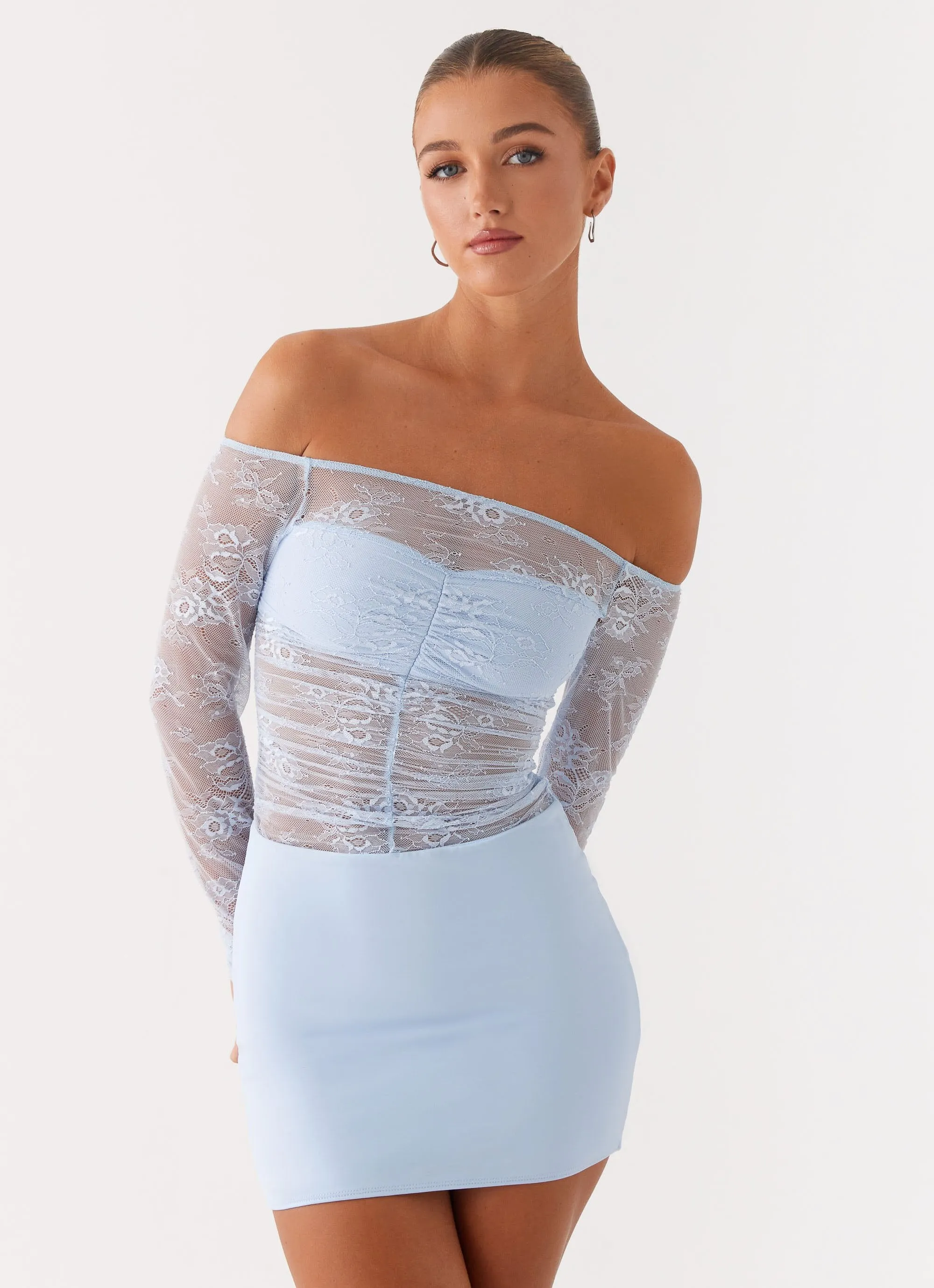 Collide Lace Mini Dress - Blue sold by Peppermayo