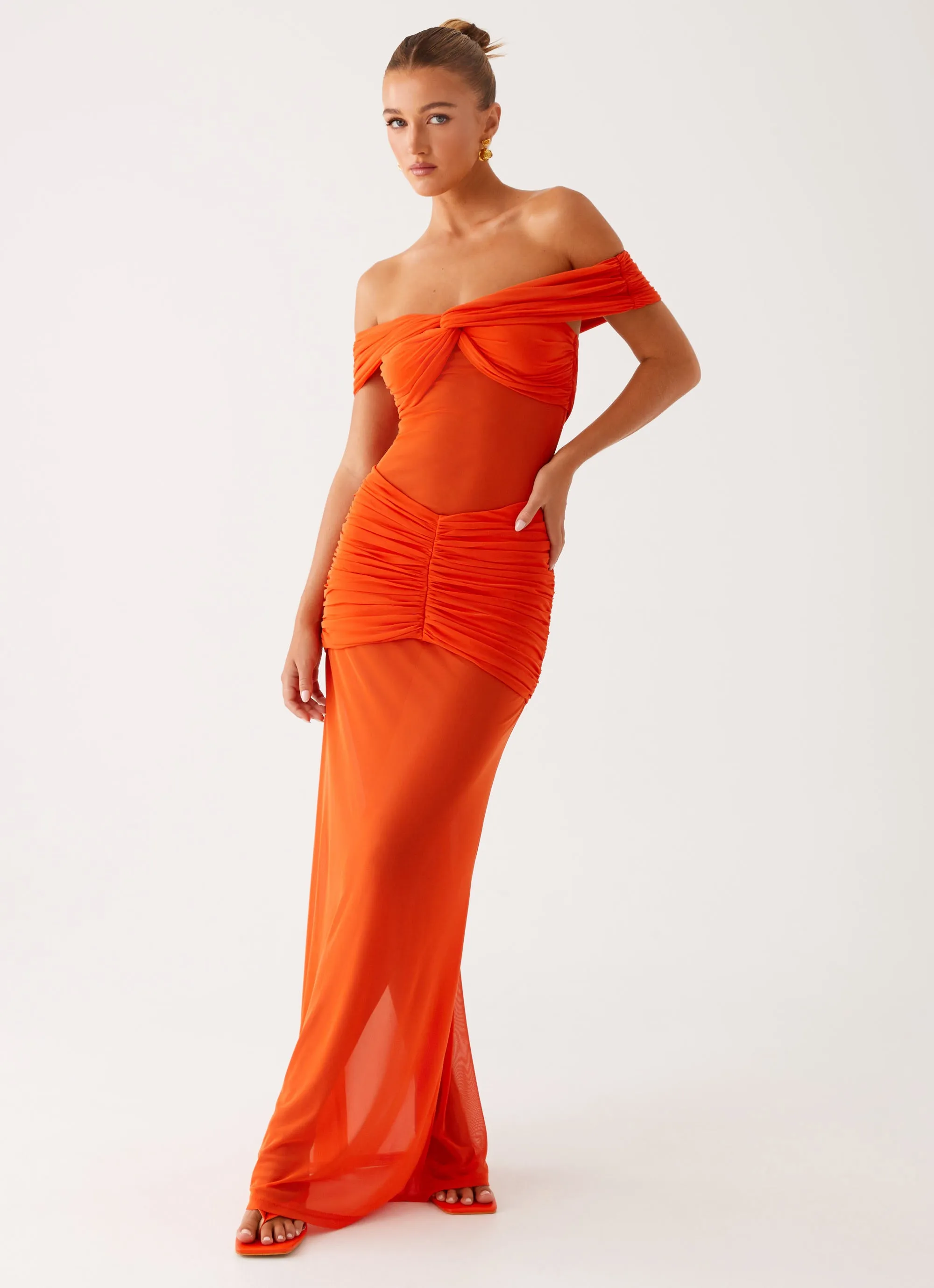 Charming Off Shoulder Maxi Dress - Orange sold by Peppermayo