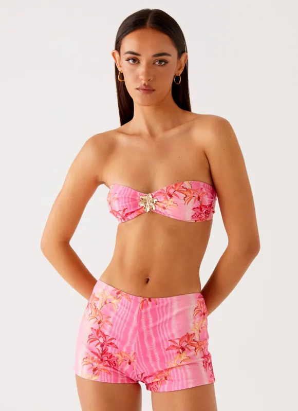 Tamra Strapless Bikini Top - Tropical Pink Print sold by Peppermayo