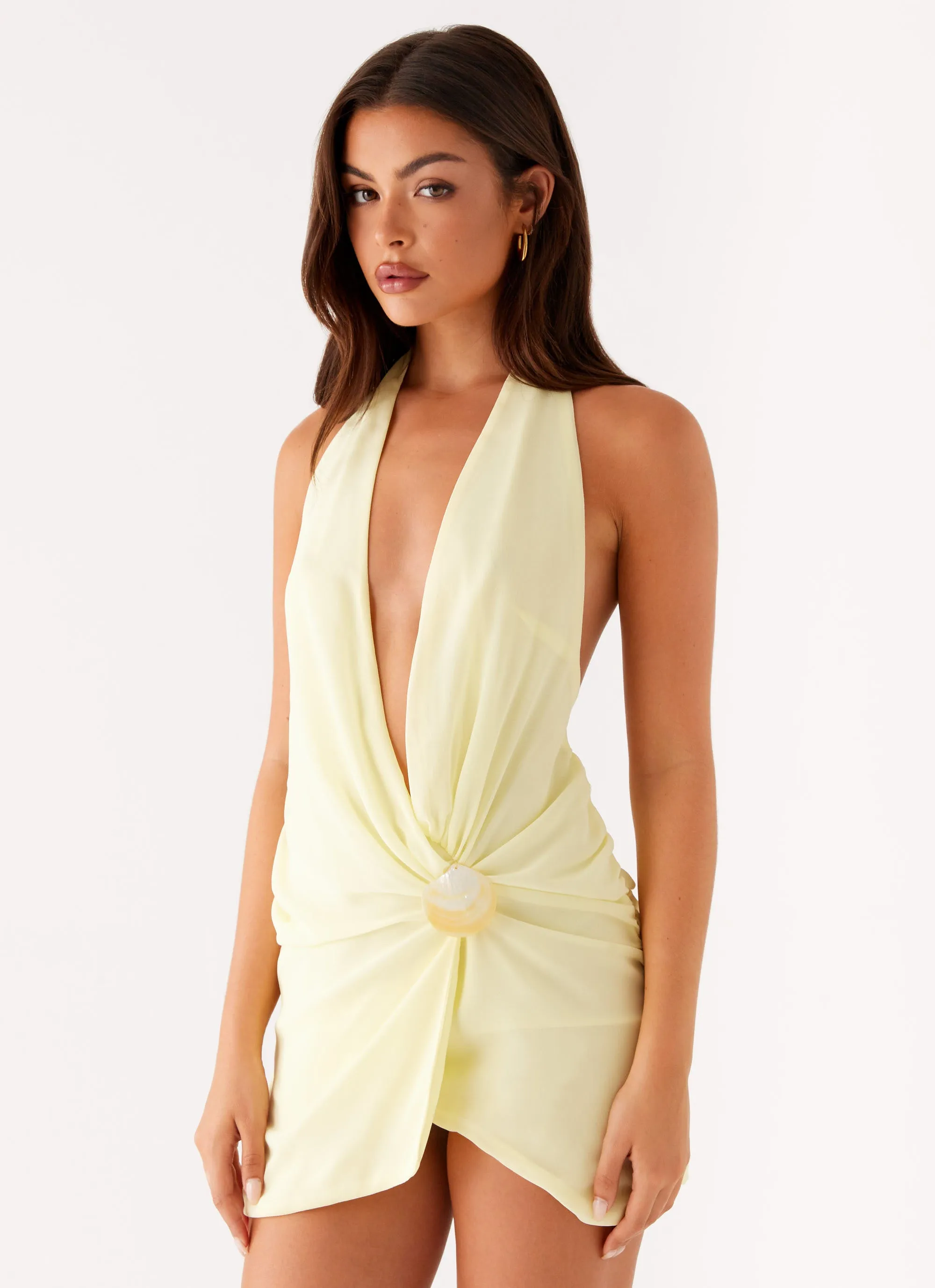Eleanora Plunge Scarf Mini Dress - Yellow sold by Peppermayo