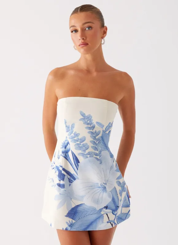 Denby Strapless Mini Dress - Blue Floral Print sold by Peppermayo