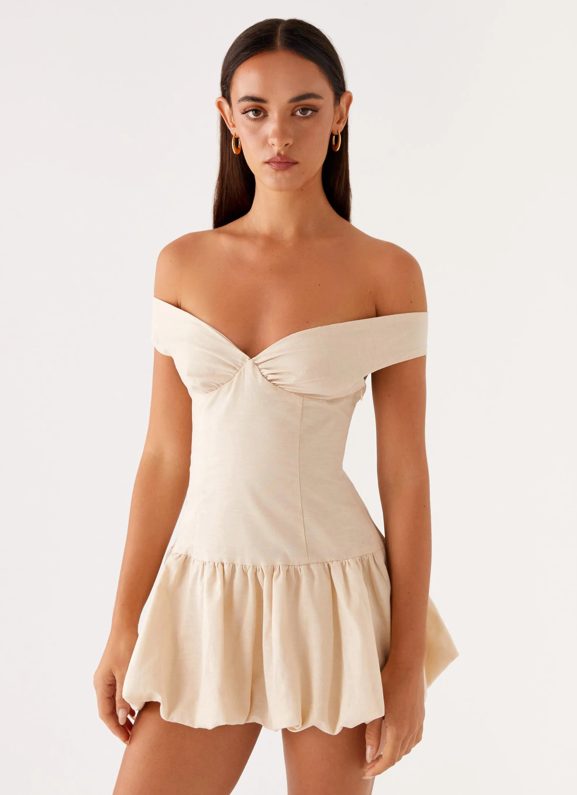 Endless Romance Off Shoulder Mini Dress - Butter sold by Peppermayo
