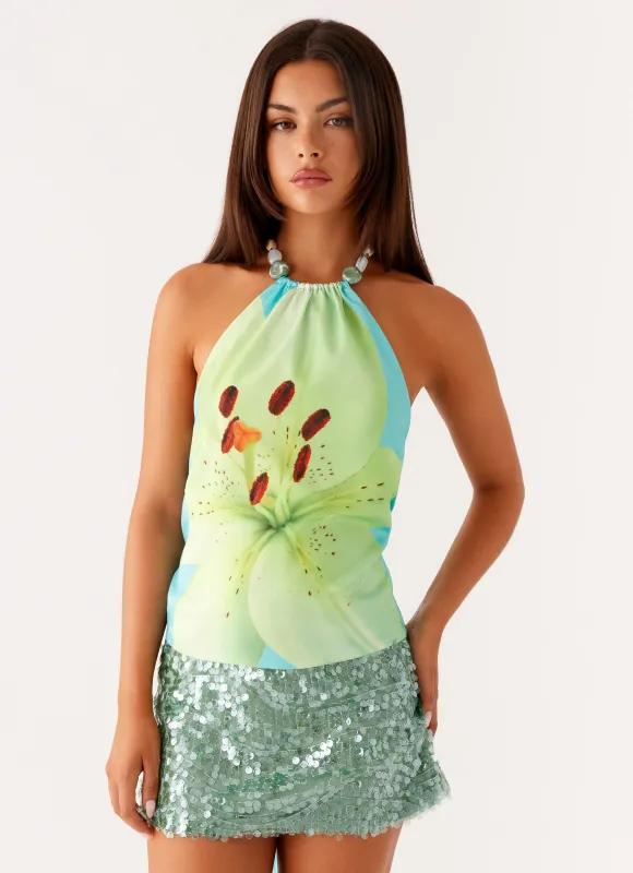 Dalila Beaded Tie Back Top - Turquoise Floral sold by Peppermayo