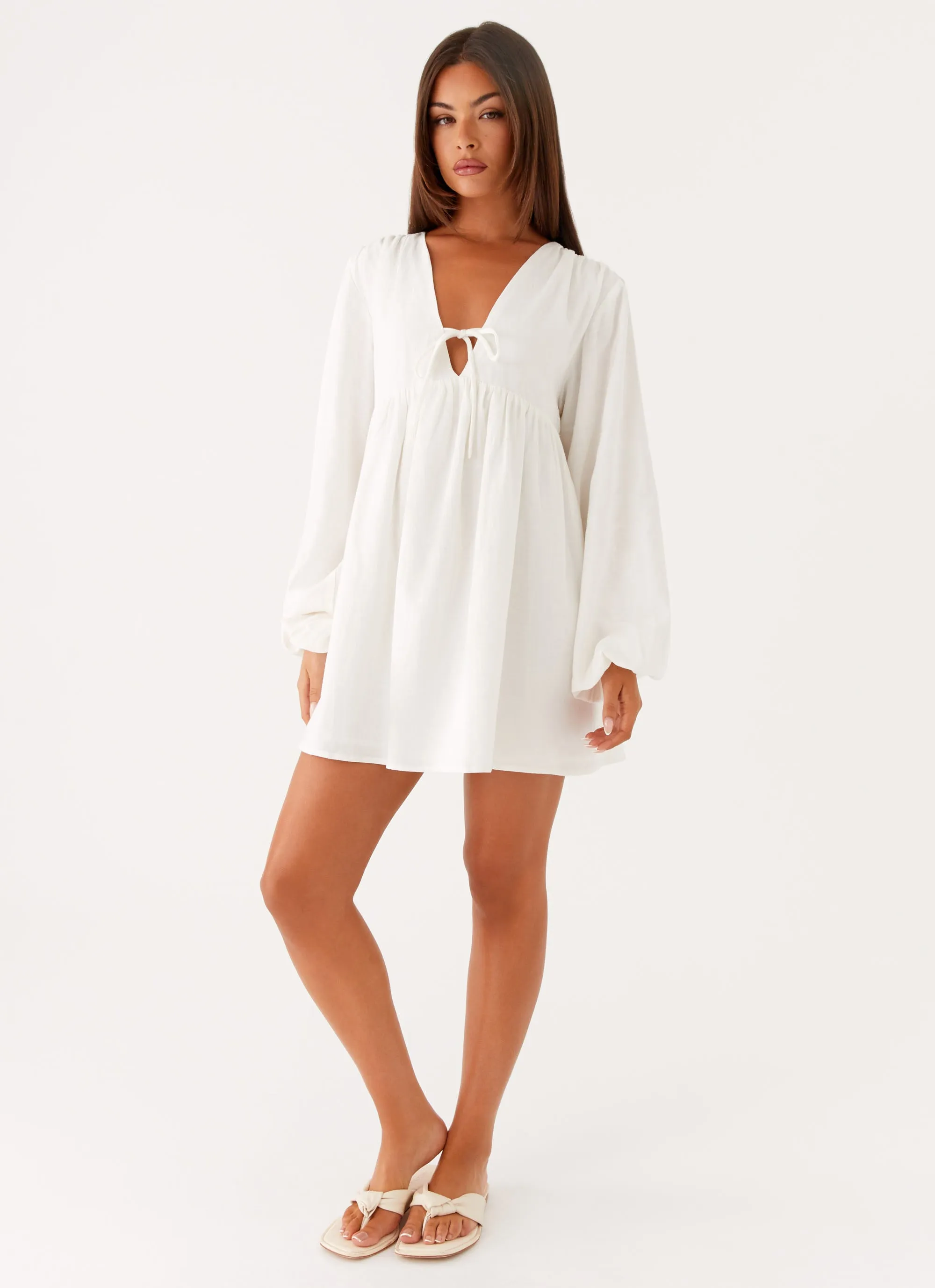 Kennie Linen Mini Dress - White sold by Peppermayo