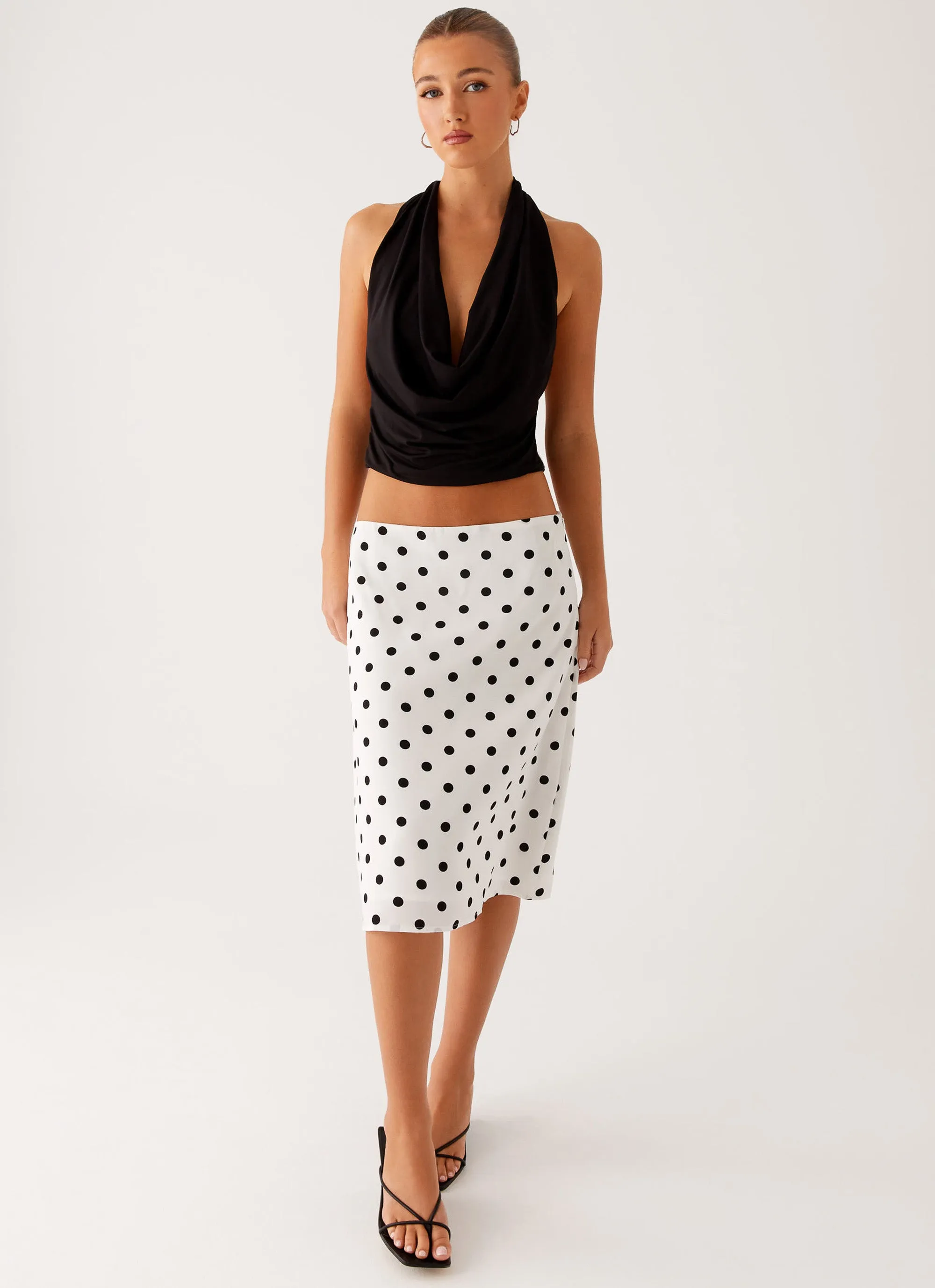 Evoke Chiffon Midi Skirt - White Polka Dot sold by Peppermayo