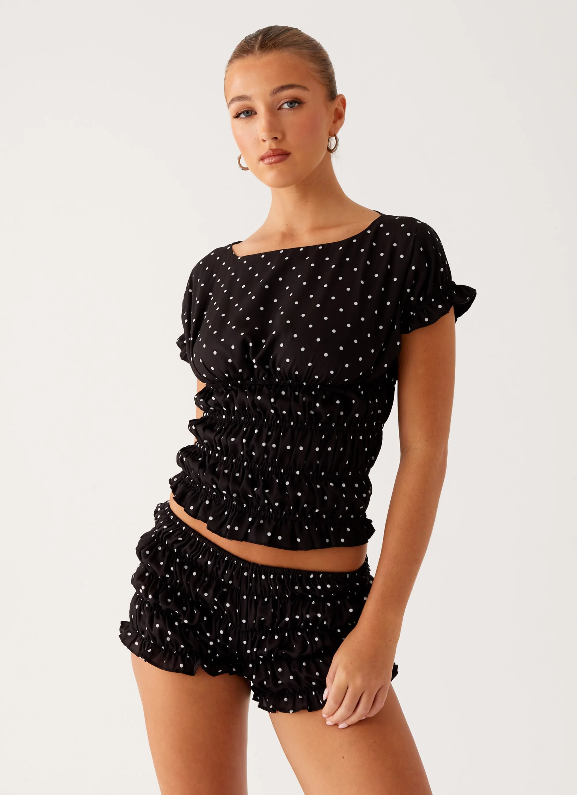Natalia Ruched Top - Black Polka Dot sold by Peppermayo