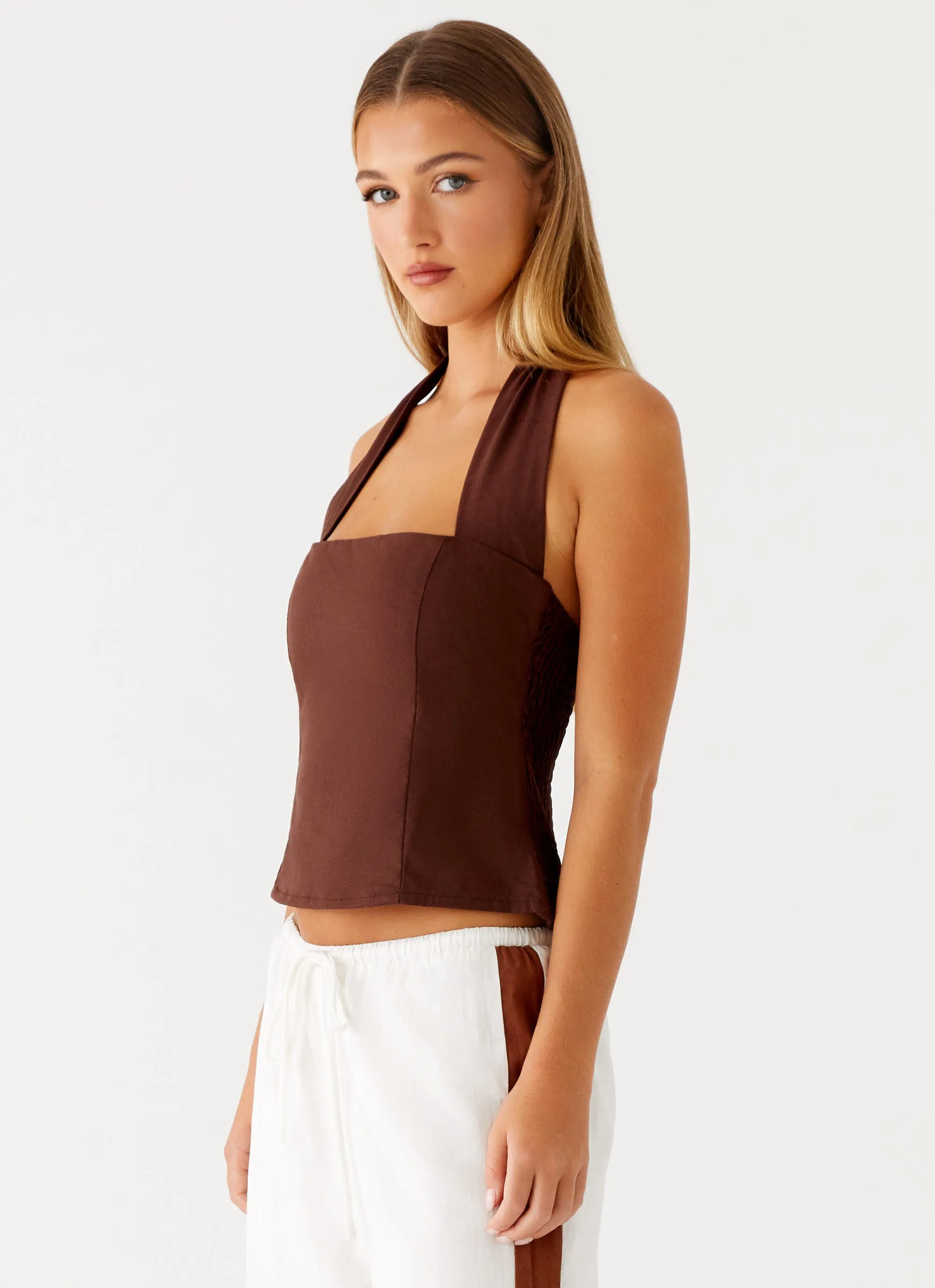 Sunflare Linen Halter Top - Chocolate sold by Peppermayo product image thumbnail 3