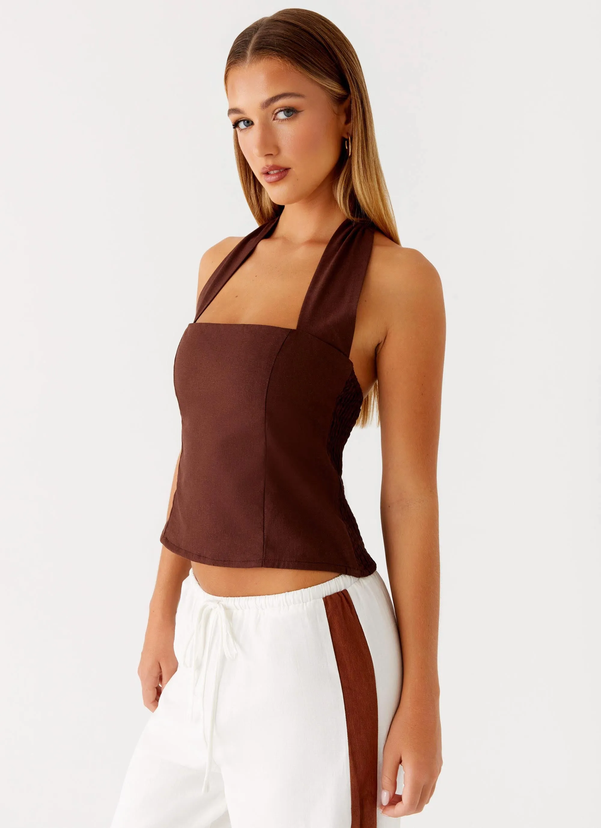 Sunflare Linen Halter Top - Chocolate sold by Peppermayo