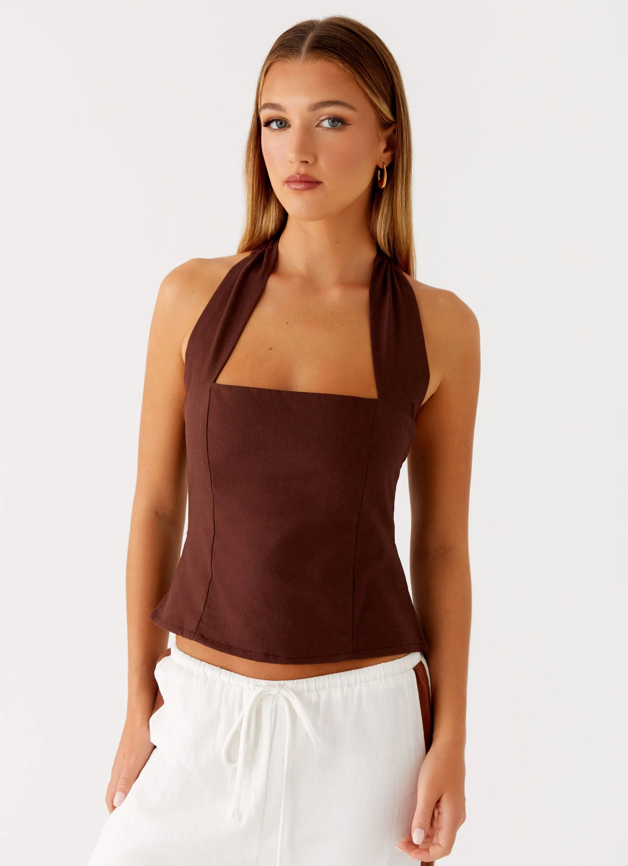 Sunflare Linen Halter Top - Chocolate sold by Peppermayo product image thumbnail 5