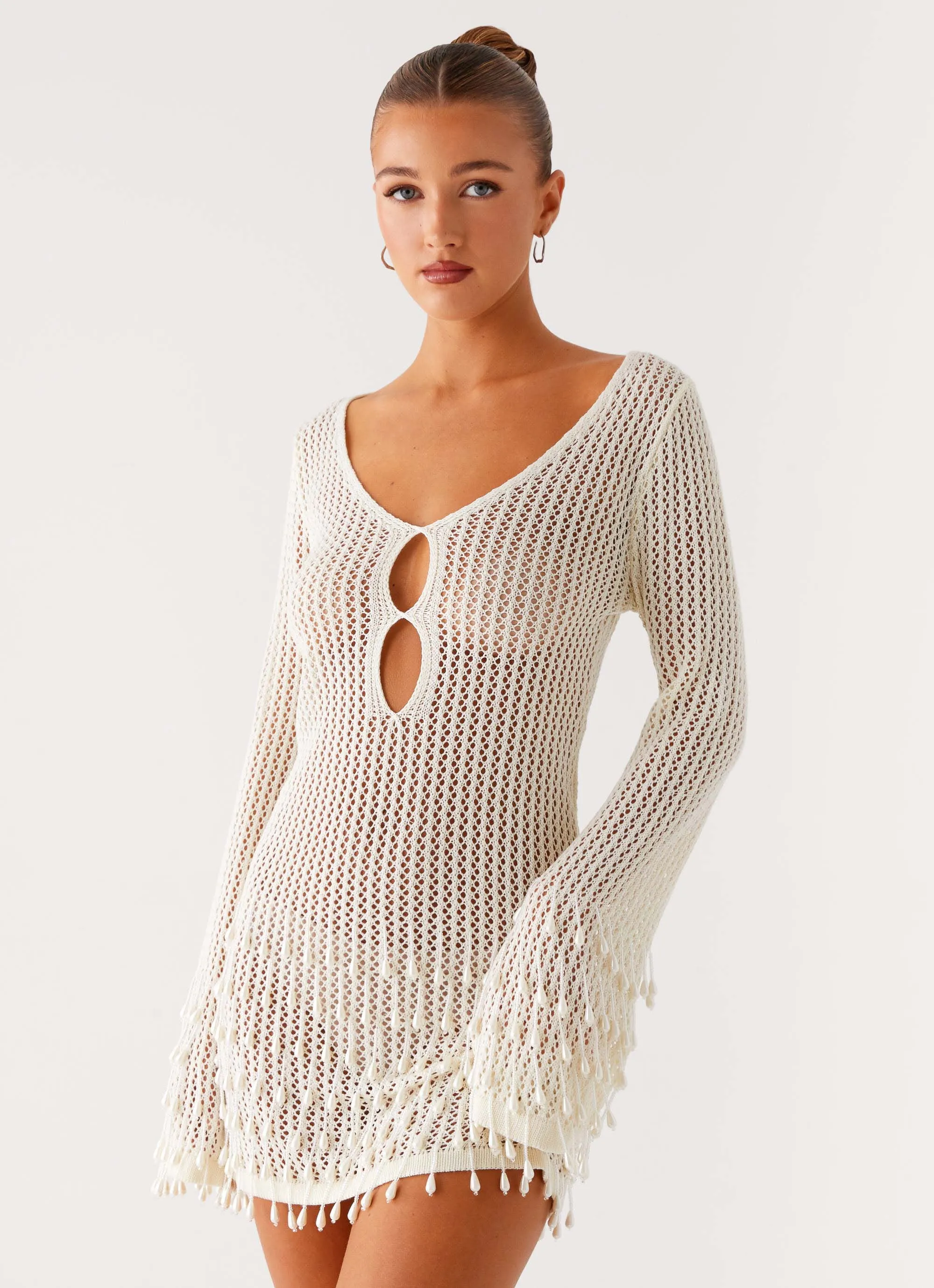 Majestic Beaded Crochet Mini Dress - Ivory sold by Peppermayo
