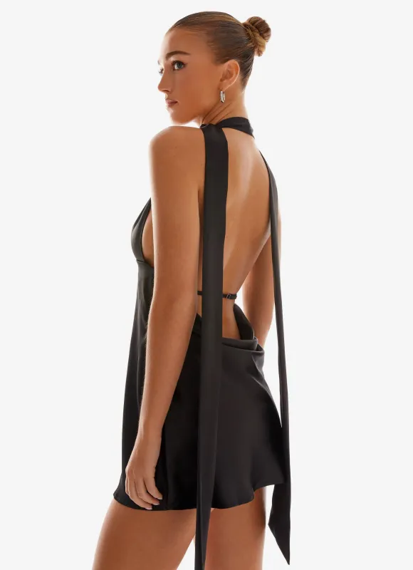 Alicia Satin Halter Mini Dress - Black sold by Peppermayo