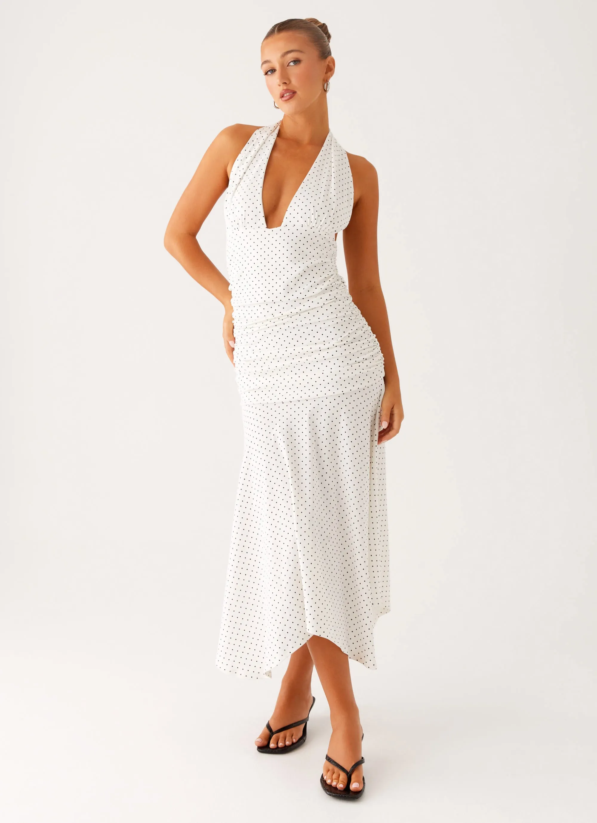 Grettana Halter Neck Midi Dress - White Polka Dot sold by Peppermayo