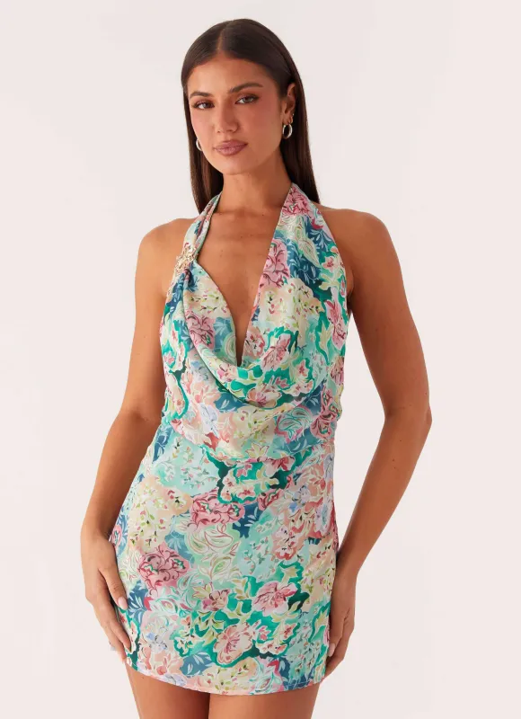 Laid-Back Cowl Mini Dress - Santorini Floral sold by Peppermayo
