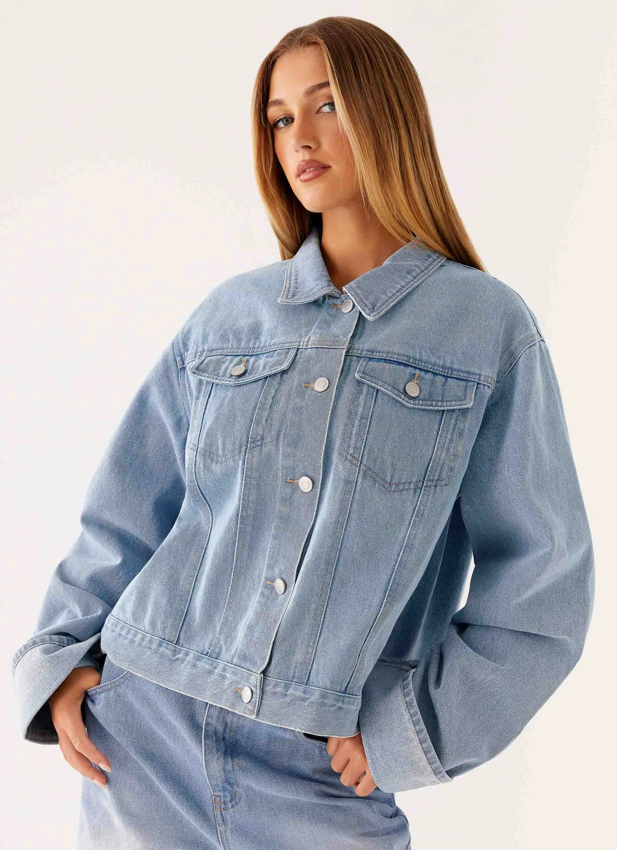 Back Again Oversized Denim Jacket - Light Wash Blue sold by Peppermayo