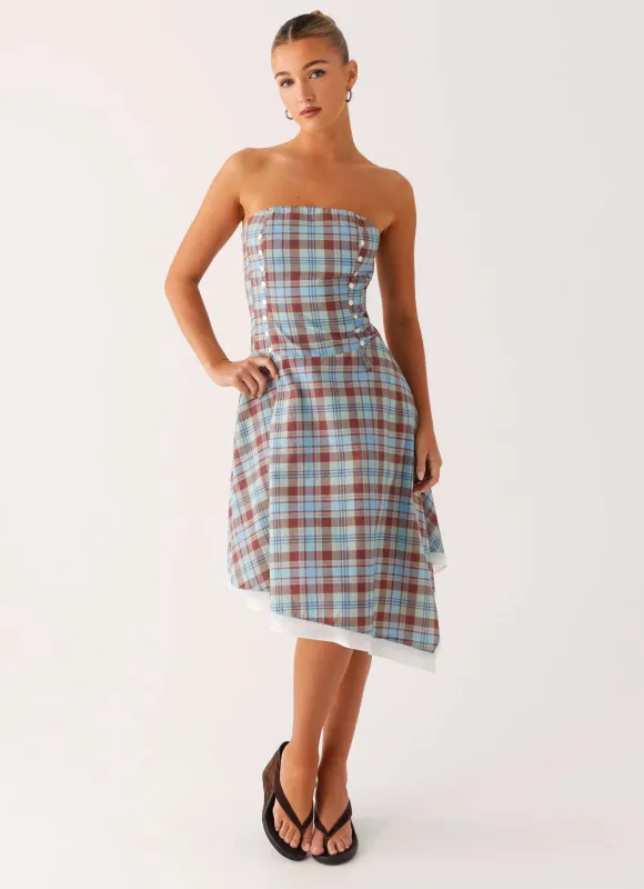 Tonie Strapless Midi Dress - Shoreline Check sold by Peppermayo