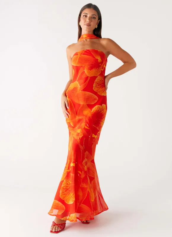 Under The Pagoda Maxi Dress - Orange Floral sold by Peppermayo