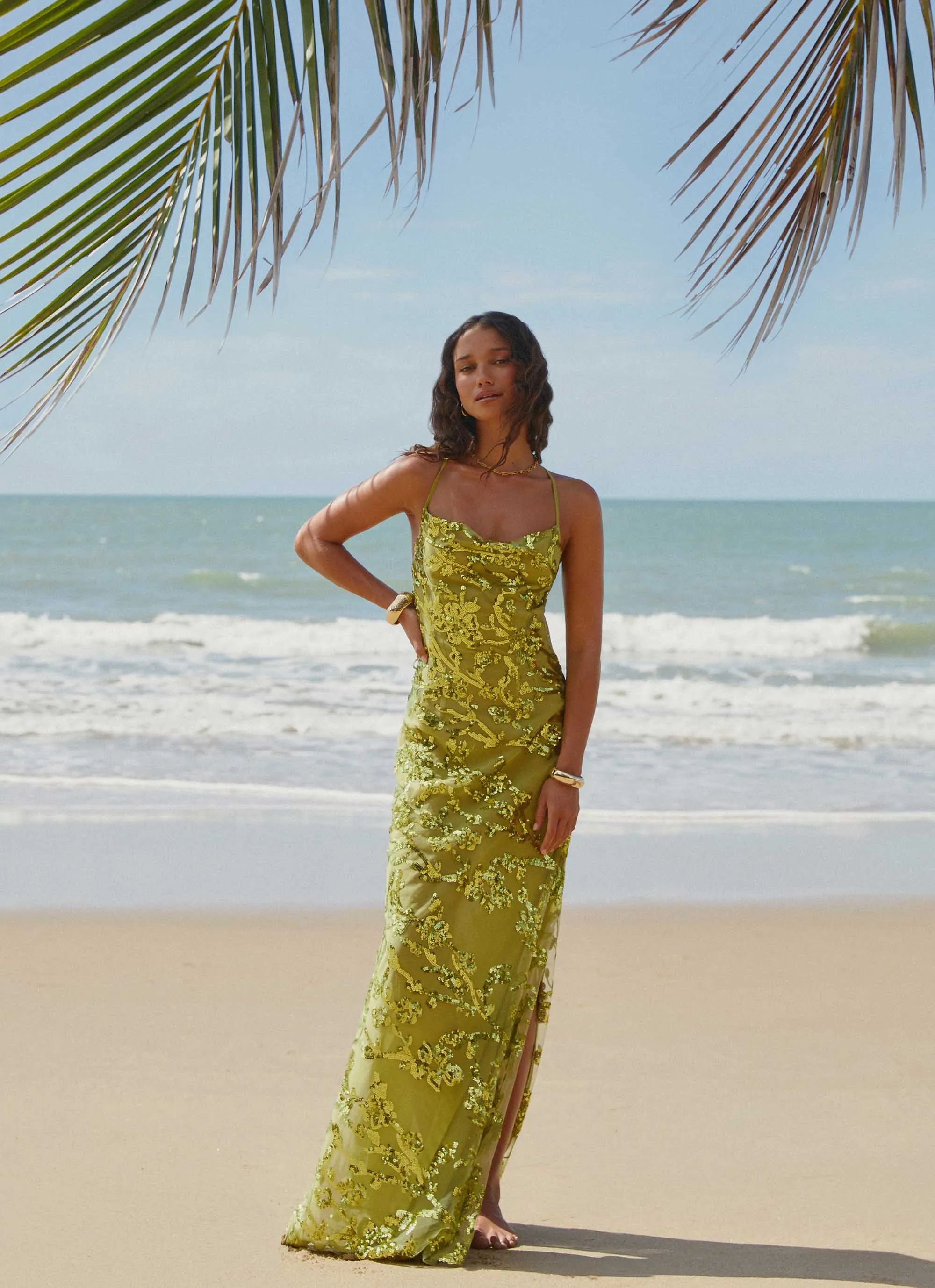 Havana Sequin Maxi Dress - Lime sold by Peppermayo