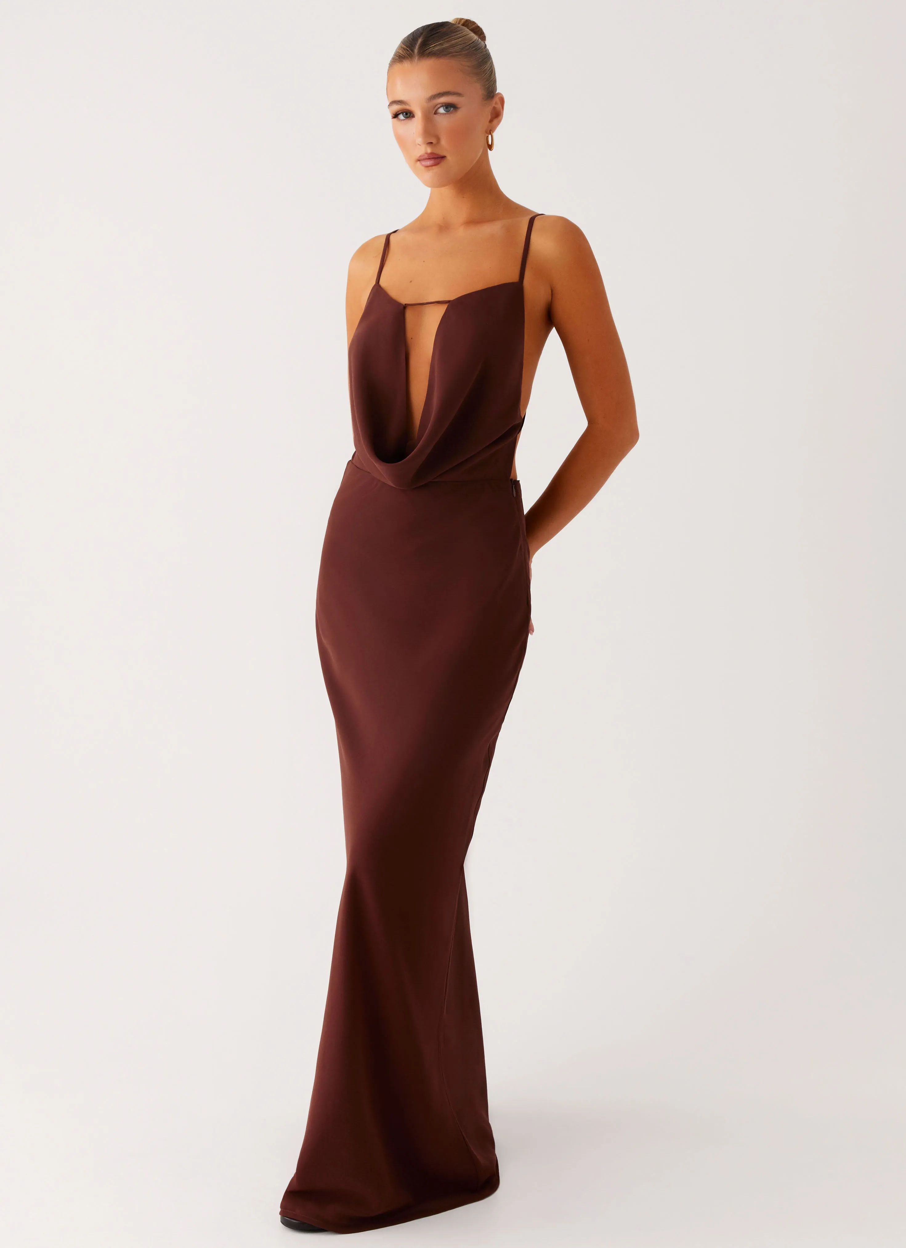 Elation Cowl Neck Maxi Dress - Chocolate sold by Peppermayo