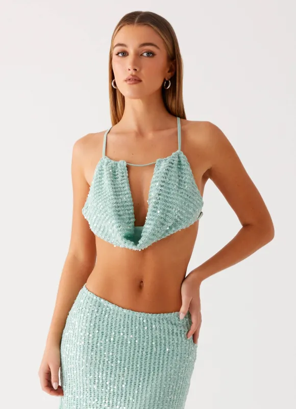 Amoura Sequin Cowl Top - Mint Sage sold by Peppermayo